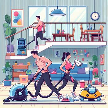 A picture showing people running around doing chores while exercising