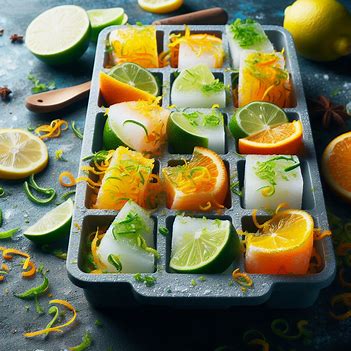 A picture showing citrus fruits in ice trace frozen