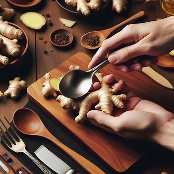 A picture showing how to peel ginger with a spoon