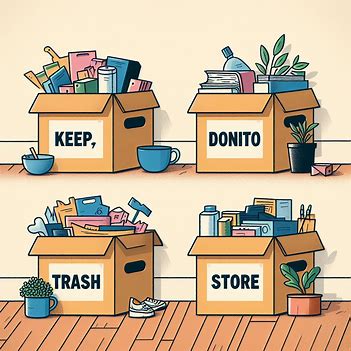 A picture showing four boxes with things inside labeled 'Keep,' 'Donate,' 'Trash,' and 'Store'