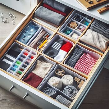 A picture showing a drawer thats divided with items in each part