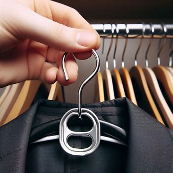 A picture showing a hanger with a jacket and a soda tab hanging from the hook of the hanger