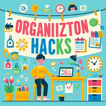 A picture showing a room with text that says organization hacks