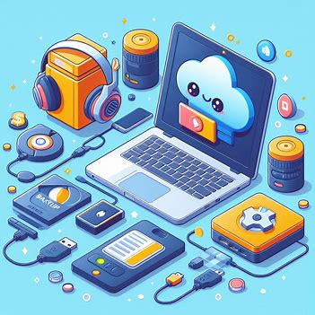 the image shows some cartoon devices being uploaded to the cloud